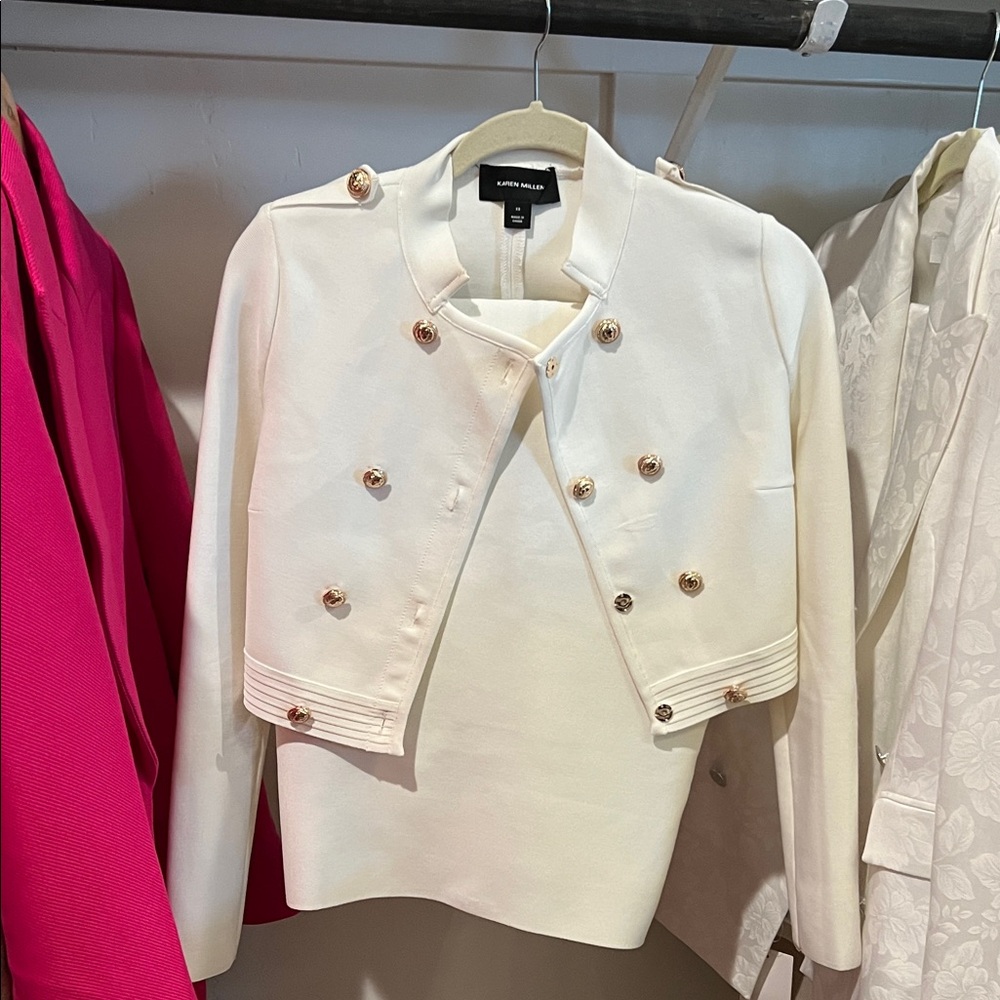 White Double-Breasted Jacket by Karen Mullen with matching midi skirt
